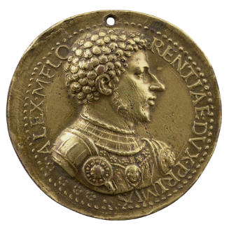 Gilt bronze portrait medal of Alessandro de' Medici, bearded, in armor in profile to the right;…