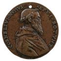 Bronze portrait medal of Cornelio Musso, wearing a hooded robe buttoned up the front, with a po…