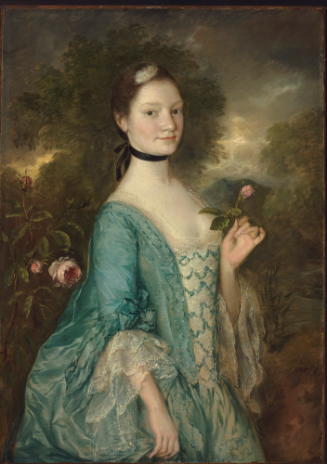 Oil painting of woman in blue dress holding flower