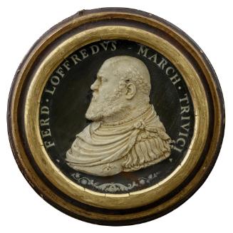 Wax model on a black background for a portrait medal of Ferrante Loffredo wearing armor with dr…