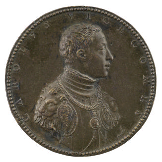 Bronze portrait medal of Carlo Visconti wearing armor and a portrait medal on a chain around hi…