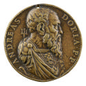 Bronze portrait medal of Andrea Doria wearing armor, with drapery pinned at the shoulders and a…