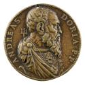 Bronze portrait medal of Andrea Doria wearing armor, with drapery pinned at the shoulders and a…