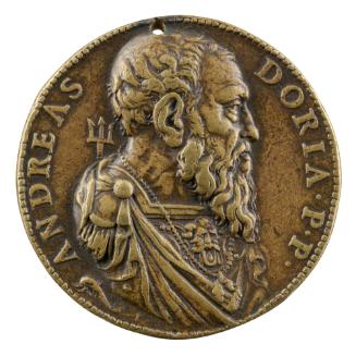 Bronze portrait medal of Andrea Doria wearing armor, with drapery pinned at the shoulders and a…