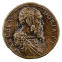 Bronze portrait medal of Andrea Doria wearing armor, with drapery pinned at the shoulders and a…