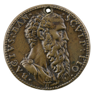 Bronze portrait medal of Baccio Bandinelli with a long curling beard, in profile to the right; …