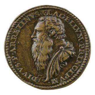 Bronze portrait medal of Pietro Aretino with drapery around his shoulders and long flowing bear…