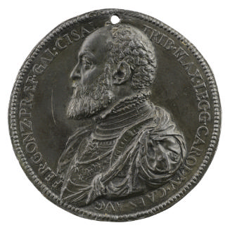 Lead portrait medal of Ferrante Gonzaga wearing armor, bearded, in profile to the left; pearled…