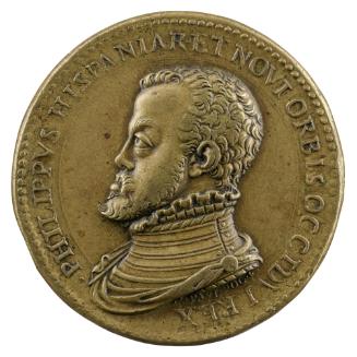 Bronze portrait medal of Philip II of Spain wearing armor and a ruff, bearded, in profile to th…