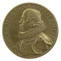 Gilt bronze portrait medal of Vincenzo II Gonzaga wearing armor, a large ruff, and a large pend…