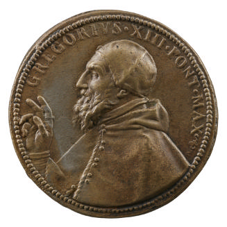 Bronze portrait medal of Ugo Boncompagni, Pope Gregory XIII wearing a hooded robe buttoned up t…