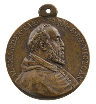 Bronze portrait medal of Alessandro Farnese wearing a hooded robe buttoned up the front, bearde…