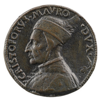 Bronze portrait medal of Doge Cristoforo Moro wearing a pointed hat in profile to the left; pea…