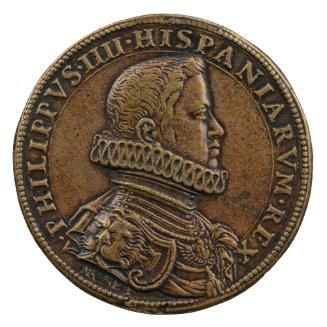 Bronze portrait medal of Philip IV of Spain wearing armor and a large ruff; pearled border