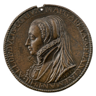 Bronze portrait medal of Marguerite of France wearing a high-collared dress and a ruff, with ne…