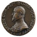 Bronze portrait medal of Ottavio Tassoni wearing a high-collared doublet decorated with a doubl…