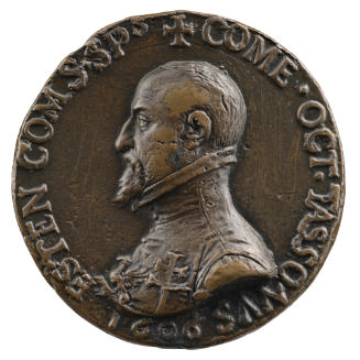 Bronze portrait medal of Ottavio Tassoni wearing a high-collared doublet decorated with a doubl…