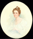 Pencil and watercolor portrait of woman in white dress, oval frame