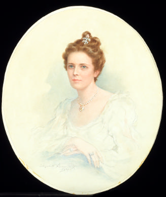 Pencil and watercolor portrait of woman in white dress, oval frame