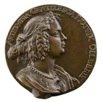 Bronze portrait medal of Artemisia Gentileschi wearing a lace-trimmed dress with a pearl neckla…