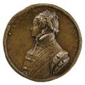 Bronze portrait medal of a lady wearing a high-collared brocade dress with puffed sleeves and f…