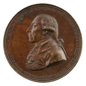 Bronze portrait medal of Aeneas Monticuccoli wearing a short tie wig and military honors on the…