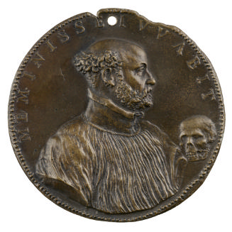 Bronze portrait medal of Gabriele Fiamma wearing a high-collared loose robe, bearded, in profil…