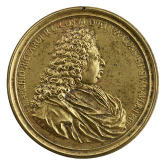 Gilt bronze portrait medal of Francesco Riccardi wearing a long full-bottomed 17th-century styl…