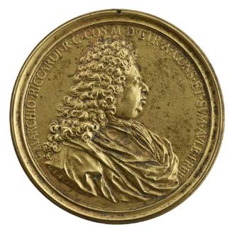 Gilt bronze portrait medal of Francesco Riccardi wearing a long full-bottomed 17th-century styl…