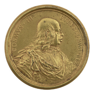 Gilt bronze portrait medal of Cosimo III de' Medici wearing armor with drapery gathered over hi…