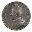 Silver portrait medal of Cardinal Ludovico Portocarrero wearing a hooded mozzetta, and a birett…