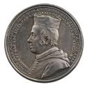 Silver portrait medal of Cardinal Ludovico Portocarrero wearing a hooded mozzetta, and a birett…