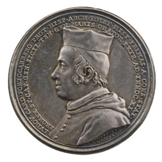 Silver portrait medal of Cardinal Ludovico Portocarrero wearing a hooded mozzetta, and a birett…