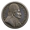 Silver portrait medal of Benedetto Odescalchi, Pope Innocent XI wearing the three-tiered Papal …