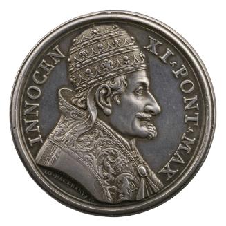 Silver portrait medal of Benedetto Odescalchi, Pope Innocent XI wearing the three-tiered Papal …