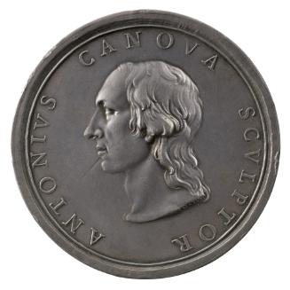 Silver portrait medal of Antonio Canova with long hair in profile to the left