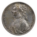 Silver portrait medal of Princess Clementina wearing a low-cut dress, a pearl necklace tied wit…