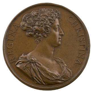 Bronze portrait medal of Queen Christina of Sweden wearing a loosely draped dress with fur trim…