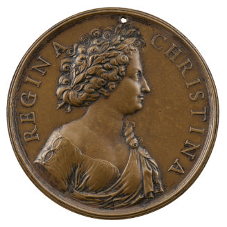 Bronze portrait medal of Queen Christina of Sweden, laureate, wearing classical dress, with a l…
