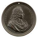 Bronze portrait medal of Giuseppe Averani with long, curly hair and drapery around his shoulder…