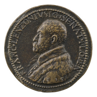 Bronze portrait medal of Francesco Lanzoni wearing a high-collared fur robe buttoned up the fro…