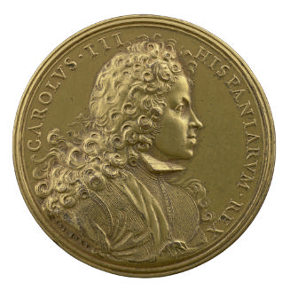 Gilt bronze portrait medal of King Charles III of Spain wearing a long, full-bottomed wig, with…