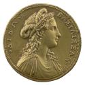 Gilt bronze medal of Dido of Carthage wearing classical dress, drop earrings, and a crown of le…