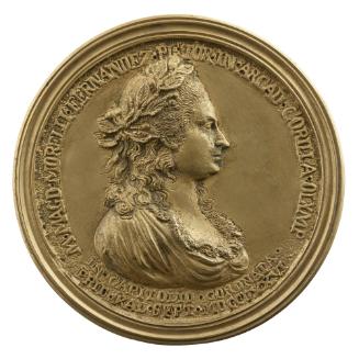 Gilt bronze portrait medal of Maria Maddalena Morelli wearing a low cut dress with lace trim, c…