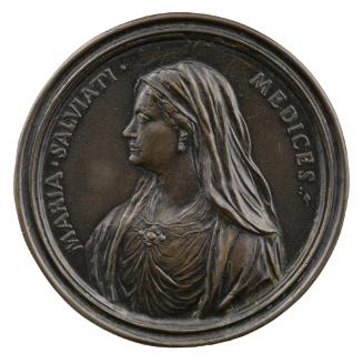 Bronze portrait medal of Maria Salviati wearing a long veil and drop earrings, in profile to th…