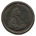 Lead portrait medal of Antonio Magliabechi with drapery around his shoulders and a long, rectan…