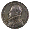 Silver portrait medal of Don Luis de Requesens wearing armor and a ruff, bearded, in profile to…