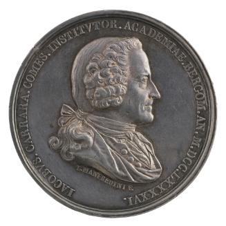 Silver portrait medal of Giacomo Carrara wearing a tie wig, in profile to the right