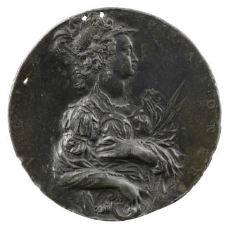 Lead portrait medal of Giulia Pratonieri as Diana, wearing armor, an elaborate headdress, a nec…