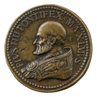 Bronze portrait medal of Giovanni Angelo d'Medici, Pope Pius IV, with a tonsure, in papal robes…